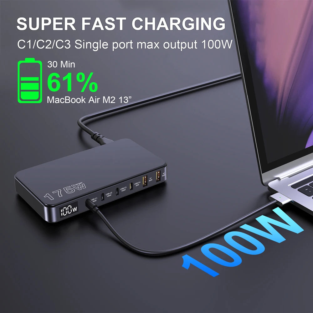 175W GaN 6-Port USB-C Desktop Fast Charger with LED Digital Display - 4
