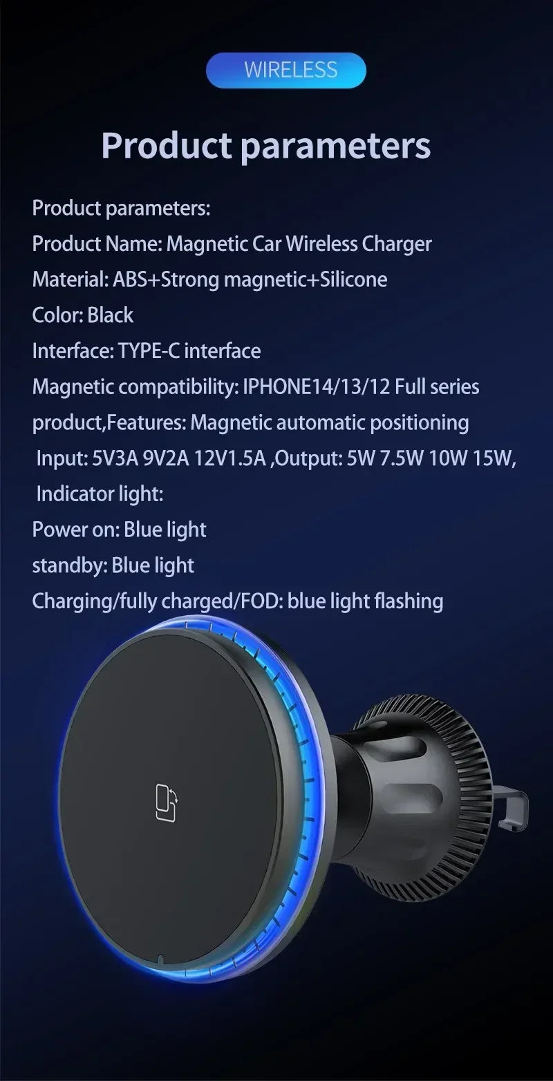 Magnetic Wireless Car Charger for iPhone 15/14/13/12 with RGB LED Light - 16