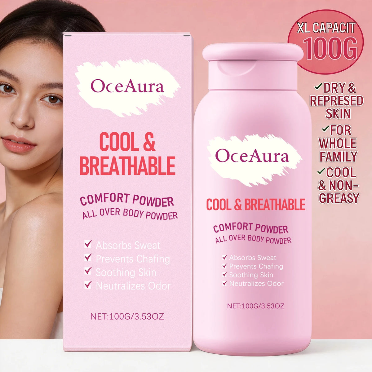 OceAura All-Over Body Cooling Powder - Sweat Absorbing & Anti-Chafing Formula