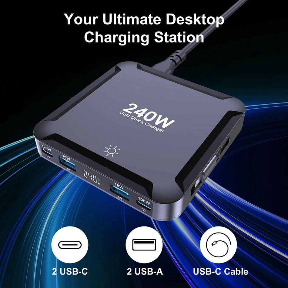 240W 5-in-1 GaN Fast Charging Station with 100W Retractable Cable - 8