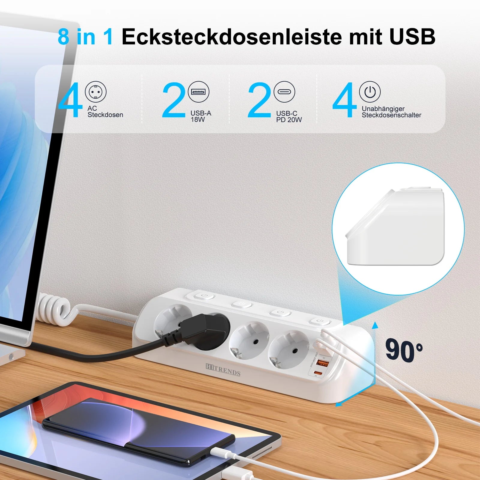8-in-1 EU Power Strip with 4 Outlets, 2 USB-C & 2 USB-A Fast Charging - 2