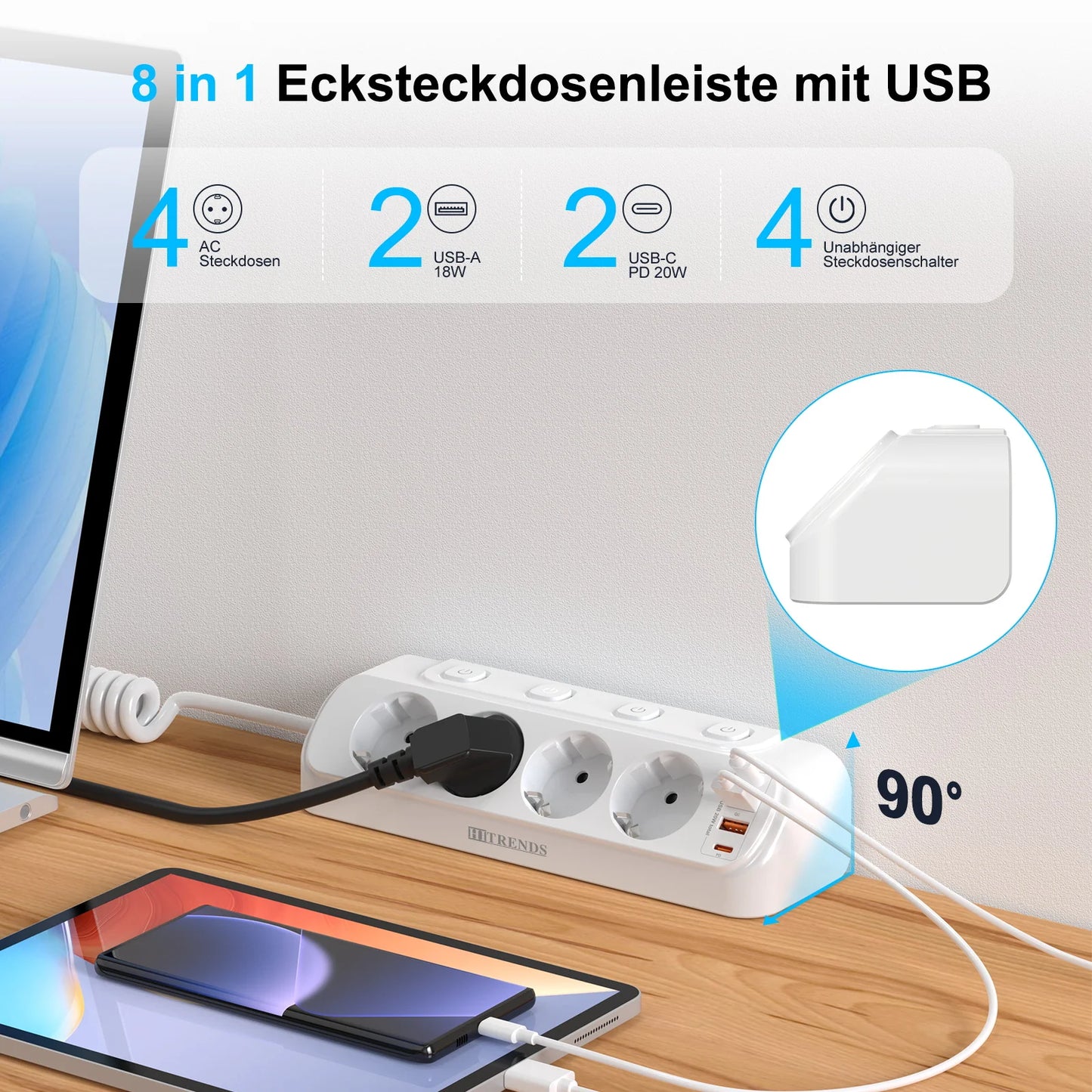 8-in-1 EU Power Strip with 4 Outlets, 2 USB-C & 2 USB-A Fast Charging