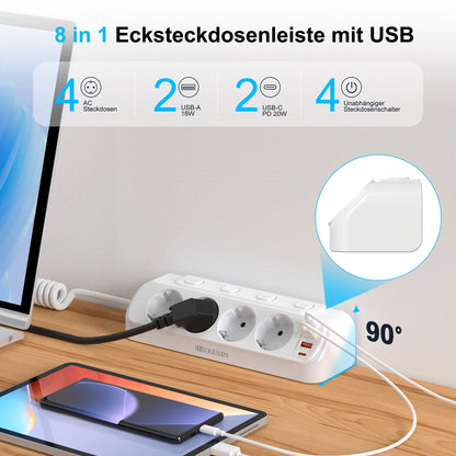 8-in-1 EU Power Strip with 4 Outlets, 2 USB-C & 2 USB-A Fast Charging