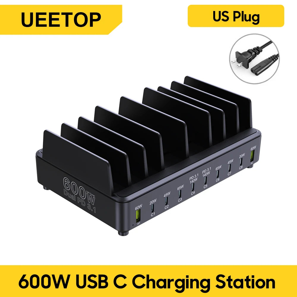 600W 10-Port GaN Desktop Charging Station - Fast PD 3.1 USB-C Charger - 19