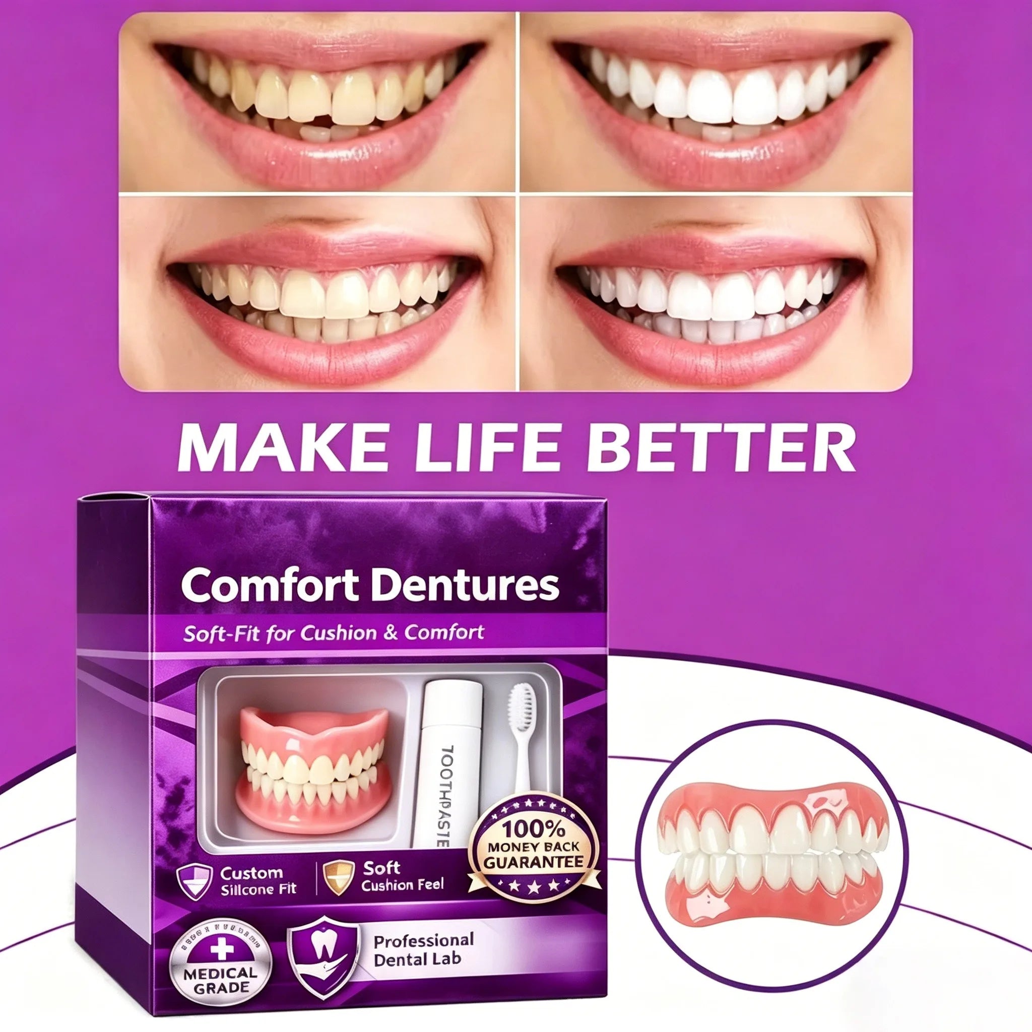 Comfort Fit Silicone Cosmetic Dentures - Natural Looking Instant Smile Veneers - 5