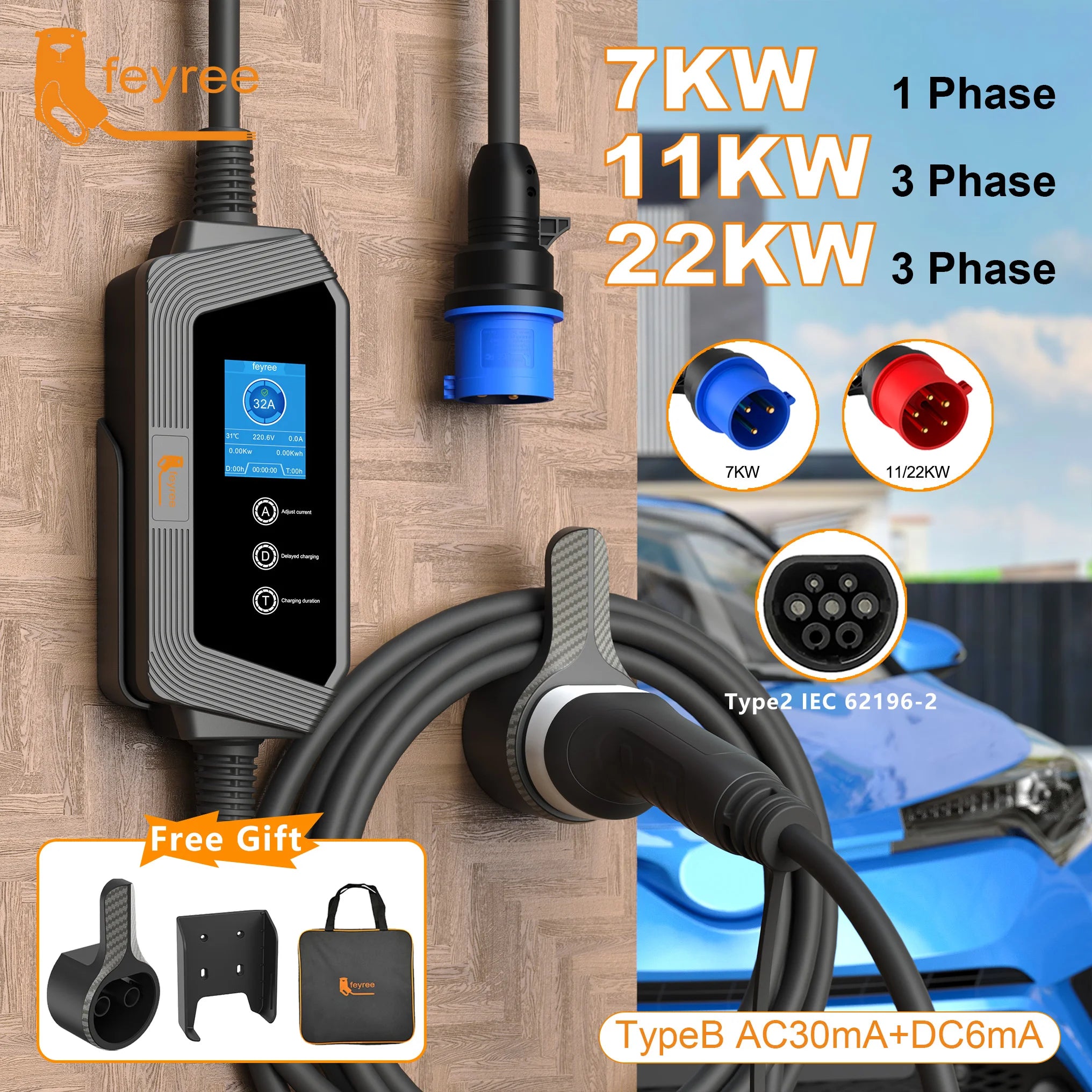 Portable Type 2 EV Charger - 7KW/11KW/22KW Fast Charging Cable - 1