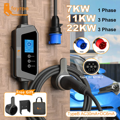 Portable Type 2 EV Charger - 7KW/11KW/22KW Fast Charging Cable
