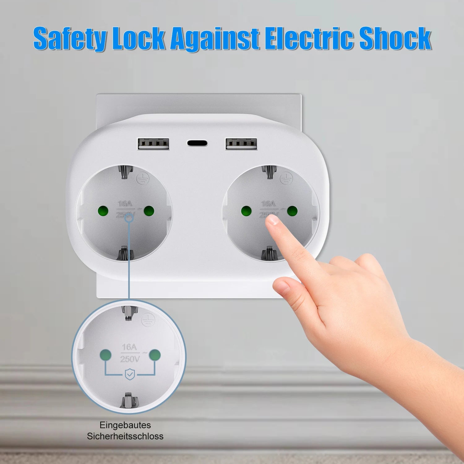 4000W 2-Way EU Wall Power Socket with Dual USB & Type-C Ports - 4
