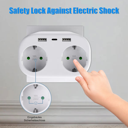 4000W 2-Way EU Wall Power Socket with Dual USB & Type-C Ports