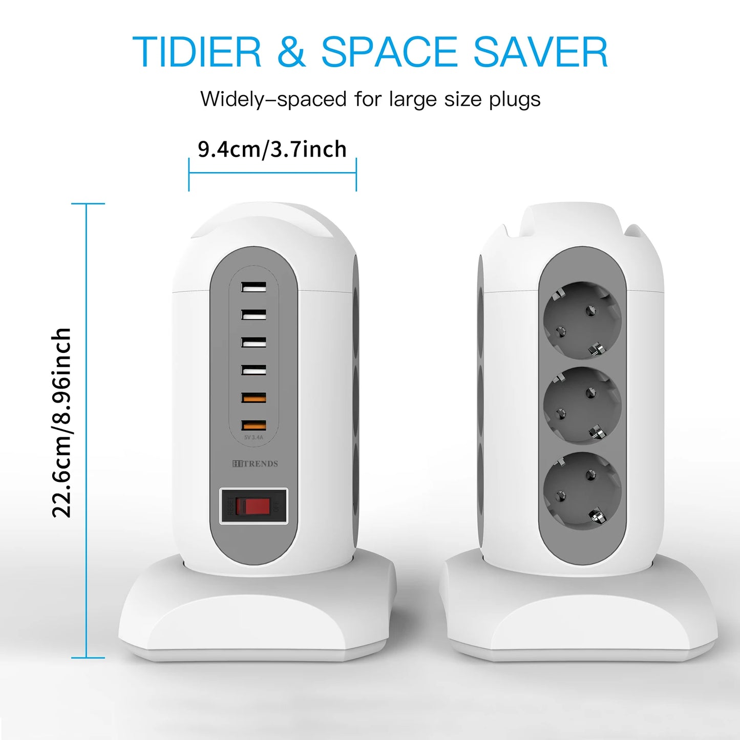 15-in-1 Tower Power Strip with 6 USB Ports & Retractable 1.8m Cord