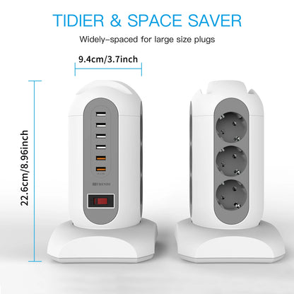 15-in-1 Tower Power Strip with 6 USB Ports & Retractable 1.8m Cord