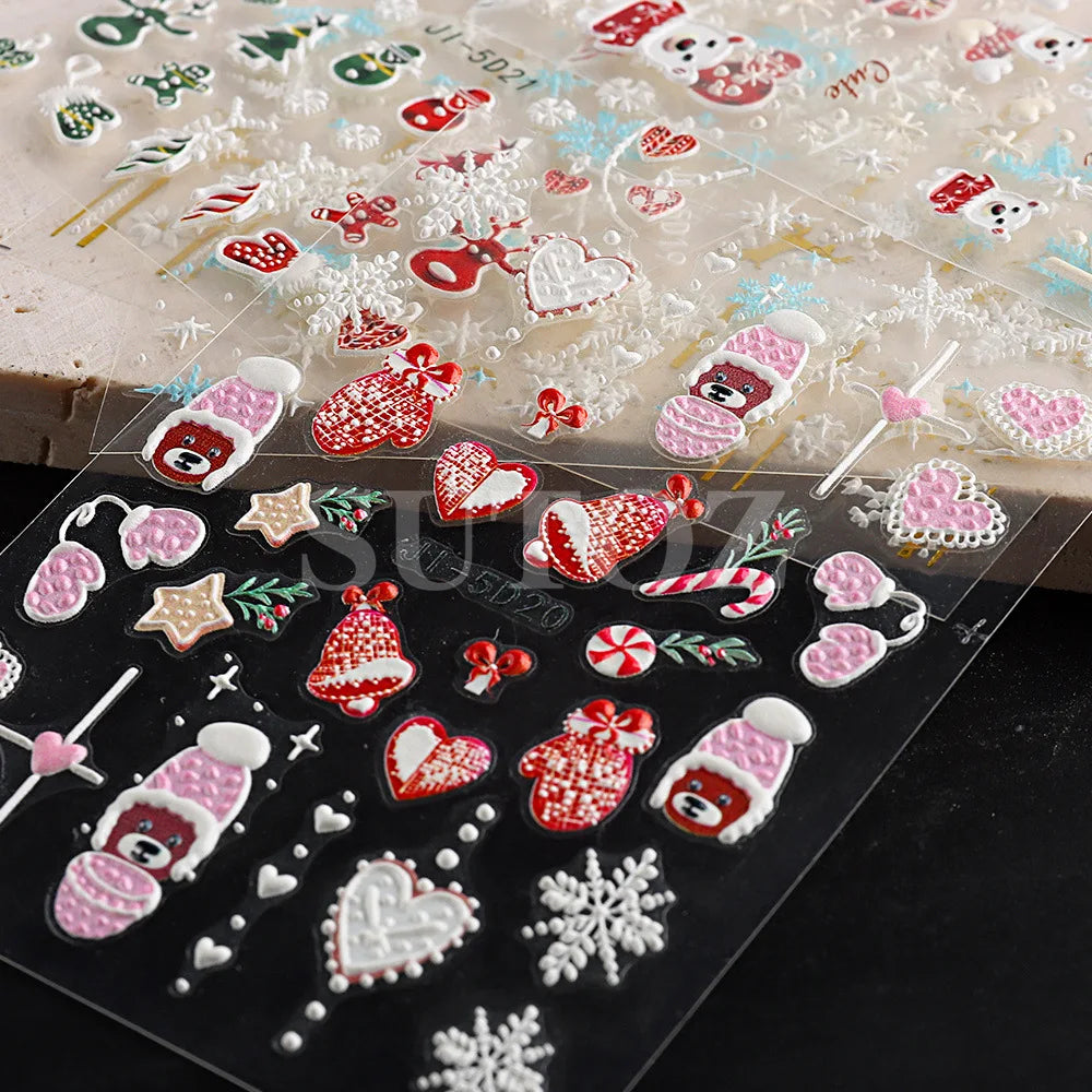 5D Embossed Christmas Nail Art Stickers - Winter Holiday Snowflake & Santa Decals