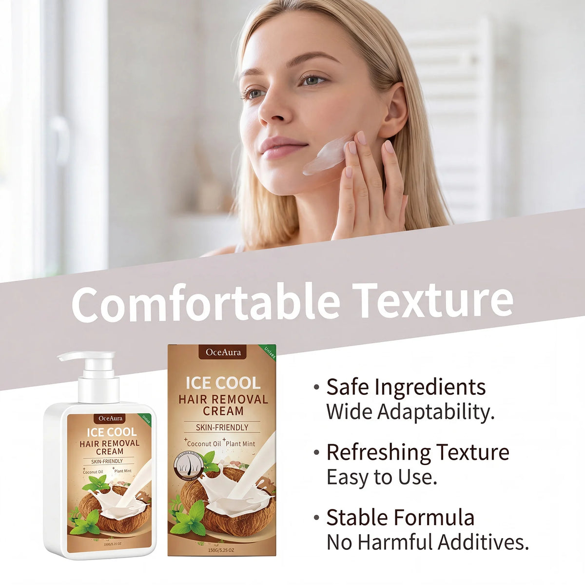 Ice Cool Painless Hair Removal Cream with Coconut Oil & Mint