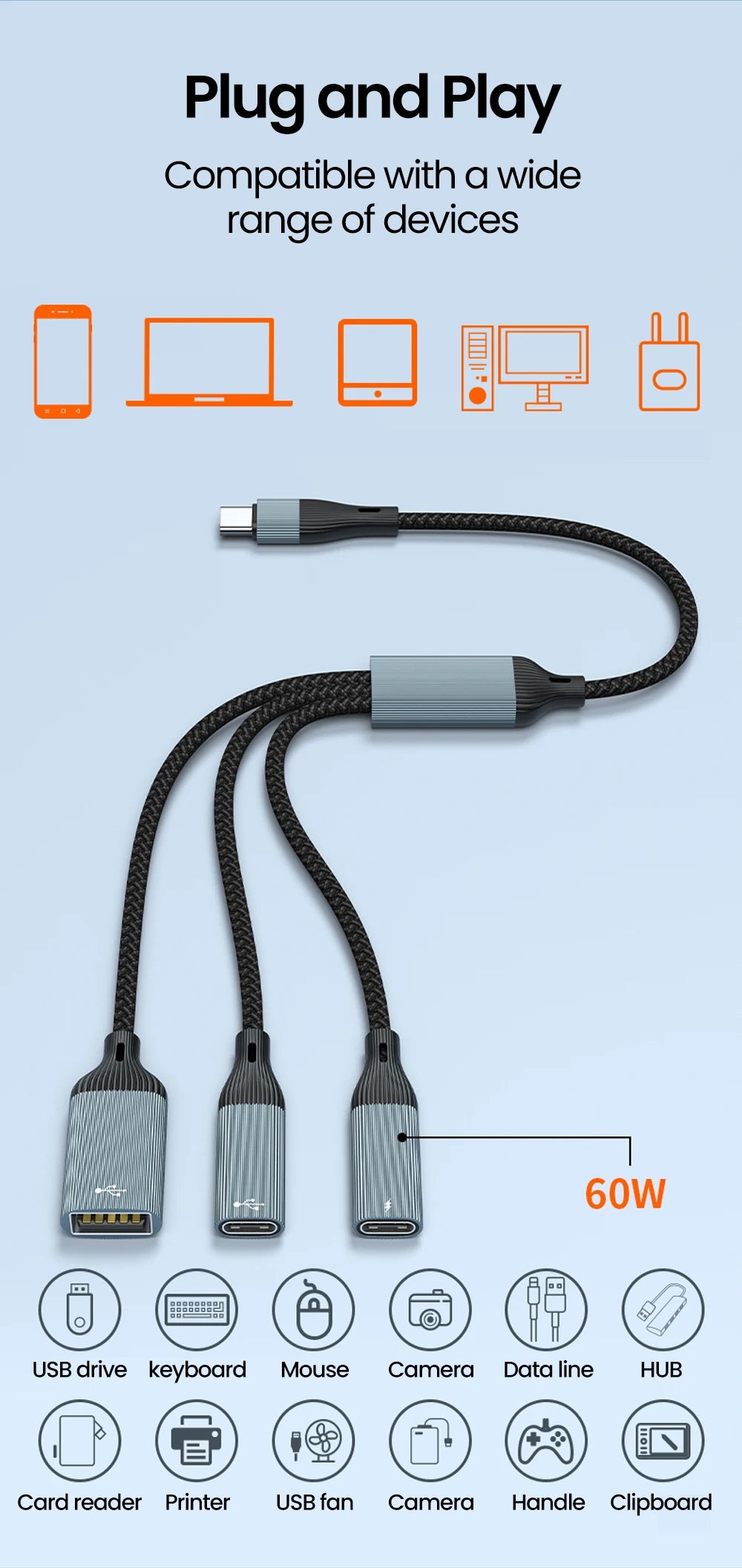 USB C Hub Splitter Adapter - 60W PD Fast Charging & Data Transfer Cable - 12
