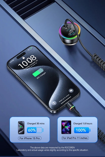 70W Fast USB-C Car Charger with 1.6m Retractable Spring Cable