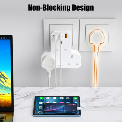 UK 6-in-1 Wall Socket Extender with 20W PD Fast Charging & 3 USB Ports