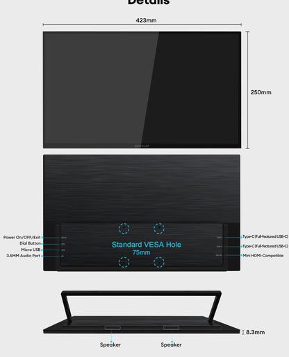 18.5" Touchscreen Portable Monitor 1080P IPS HDR Ultra-Slim Display