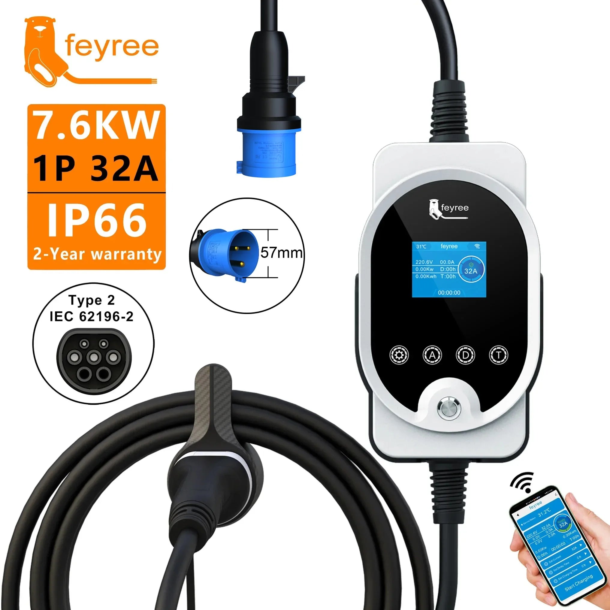 7KW Type 2 EV Wallbox Charger - Smart Wi-Fi App Control Fast Charging - 27