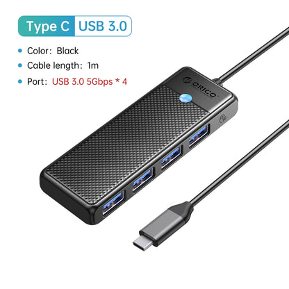 4-Port USB 3.0 Type-C Hub - Ultra-Slim High-Speed Data Expansion Adapter
