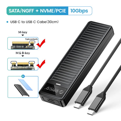 M.2 NVMe SATA SSD Enclosure 10Gbps USB 3.2 Tool-Free External Drive Case