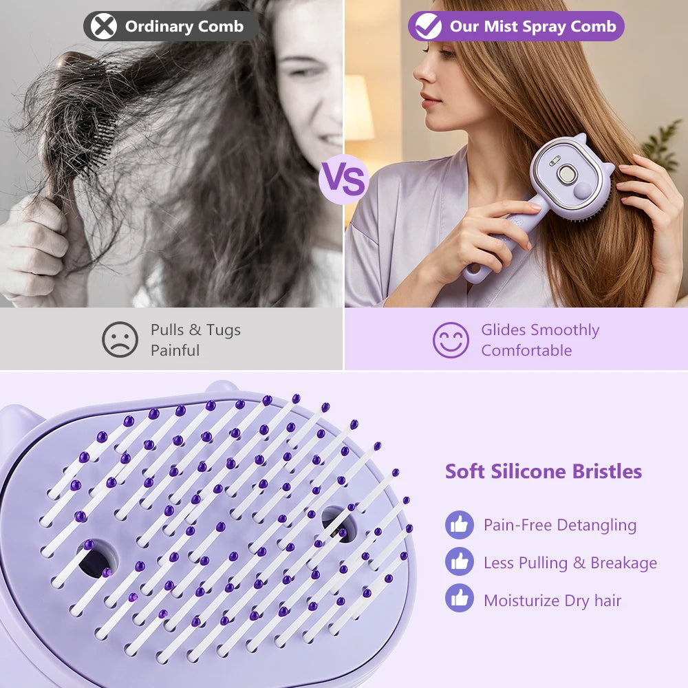 Electric Mist Spray Scalp Massager & Detangling Hair Brush with LED Light