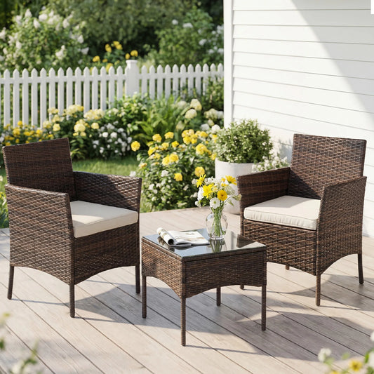 3-Piece Outdoor Rattan Patio Furniture Set with Cushions & Glass Table