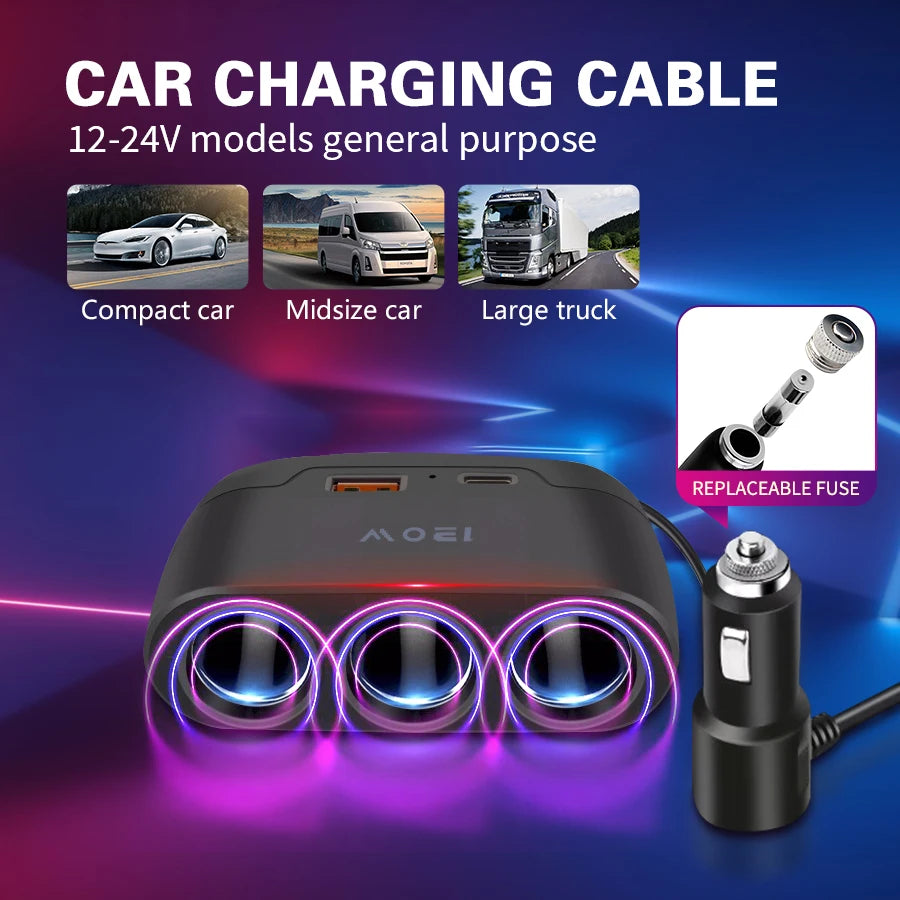 120W 3-Way Car Cigarette Lighter Splitter with USB & PD Fast Charging - 4