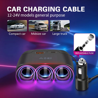 120W 3-Way Car Cigarette Lighter Splitter with USB & PD Fast Charging