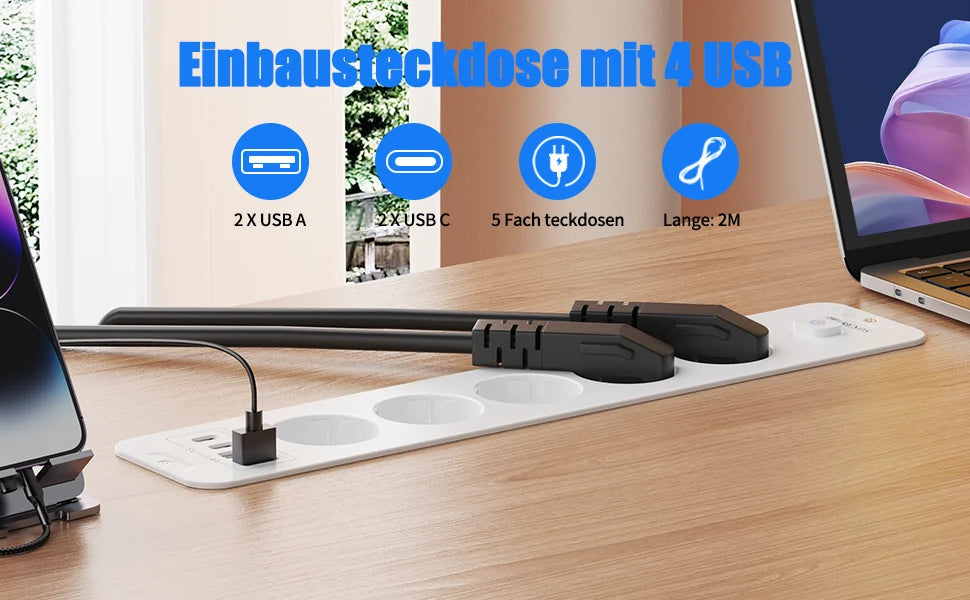 10-in-1 Recessed Power Strip with 20W USB-C PD & Fast Charging Wall Socket