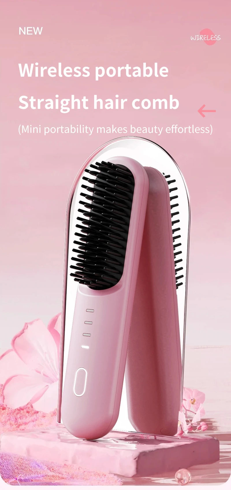 Fast Heating Cordless Hair Straightening Brush - Anti-Frizz Ionic Styling Comb - 7