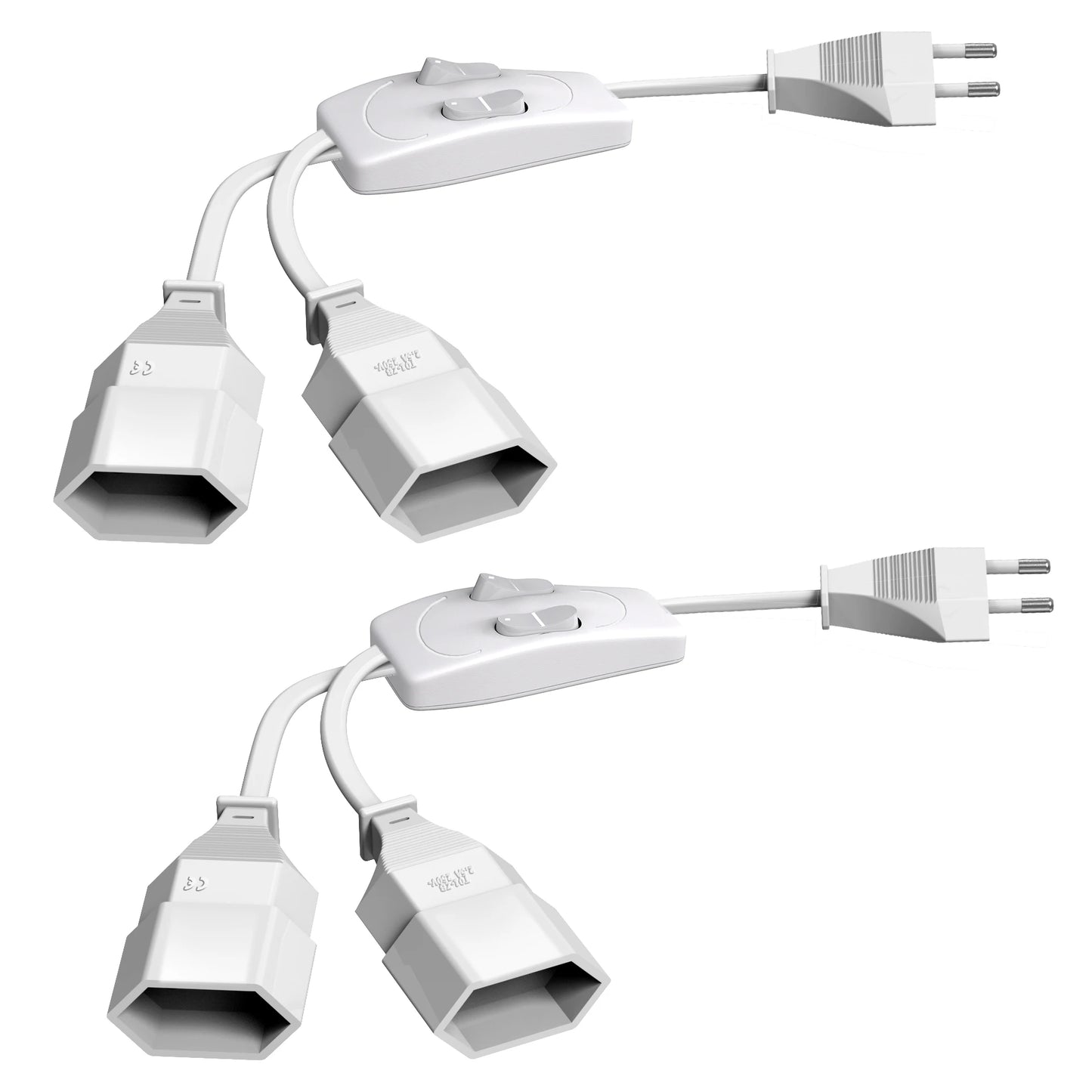 German Standard Dual Socket Extension Cable - Compact 2-Way Power Splitter