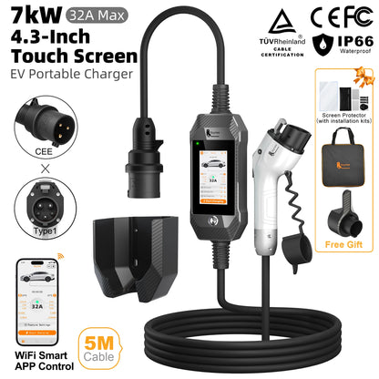 Portable 7kW EV Charger with 4.3" Touchscreen & Smart WiFi App Control
