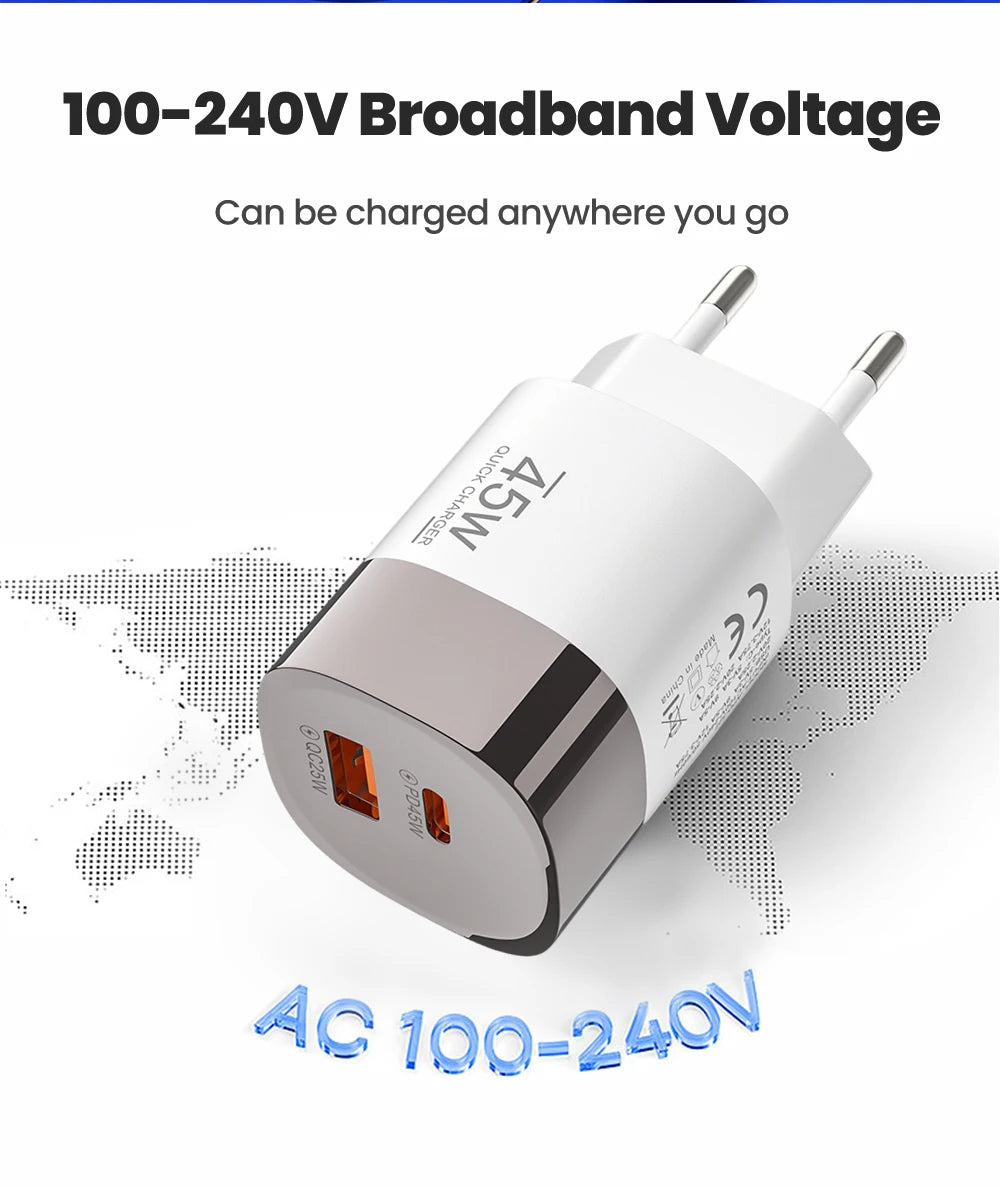 45W Dual Port USB-C & USB-A Fast Wall Charger for iPhone, Samsung, Huawei - 12