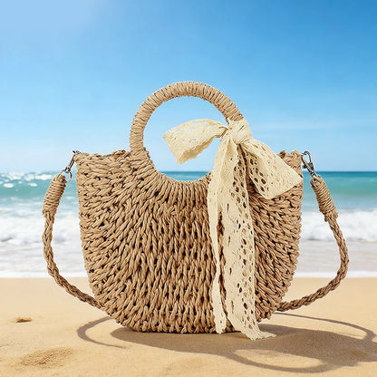 Luxury Lace Bow Straw Bag