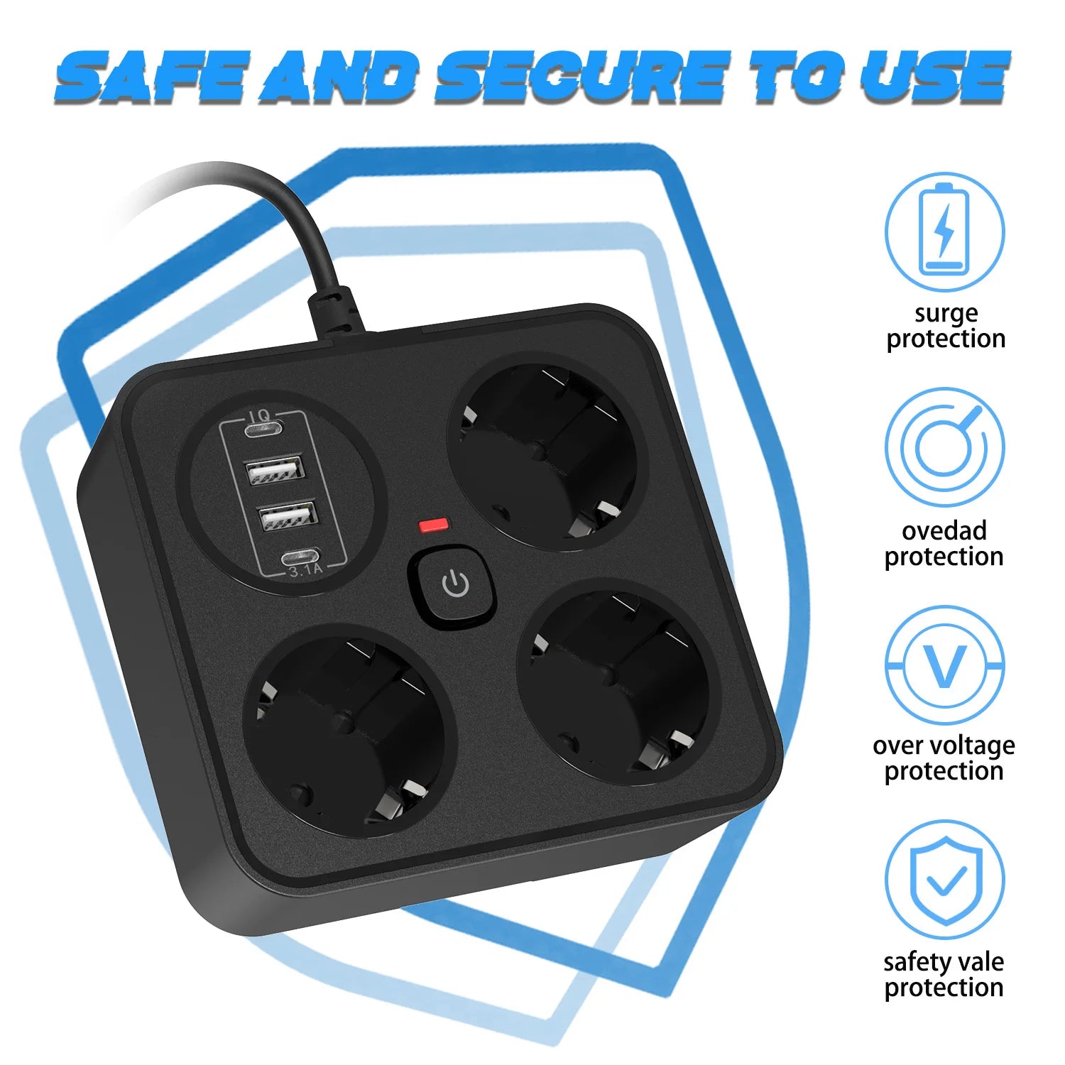 7-in-1 European Power Strip with 4 USB Ports & Surge Protection - 10