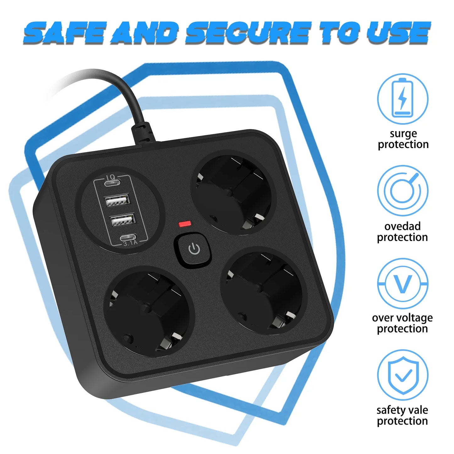 7-in-1 European Power Strip with 4 USB Ports & Surge Protection