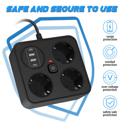 7-in-1 European Power Strip with 4 USB Ports & Surge Protection