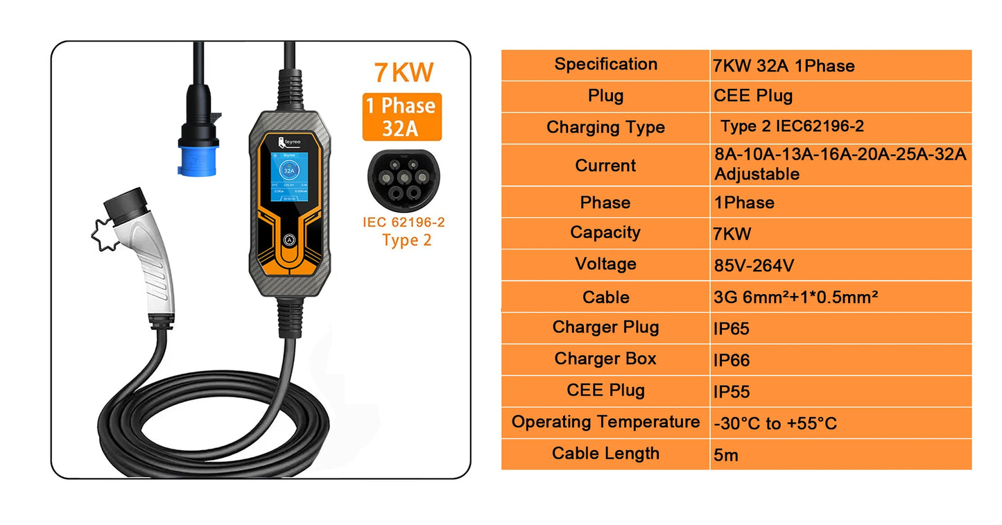 Feyree Portable EV Charger Type 2 - 7KW/11KW Adjustable Electric Car Charger