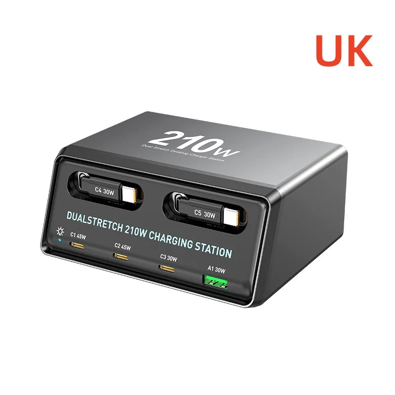 6-in-1 Retractable Fast Charging Station 210W USB-C Desktop Power Hub - 21