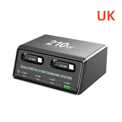 6-in-1 Retractable Fast Charging Station 210W USB-C Desktop Power Hub