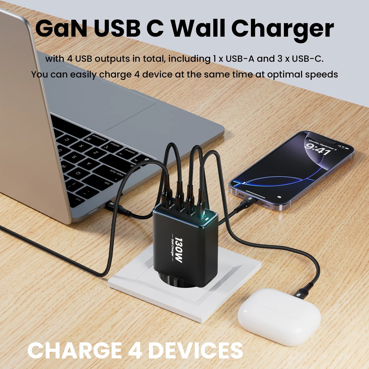 130W GaN 4-Port Fast Charger - PD3.0 QC4.0 USB-C Wall Adapter for Laptops - 5