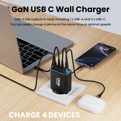 130W GaN 4-Port Fast Charger - PD3.0 QC4.0 USB-C Wall Adapter for Laptops