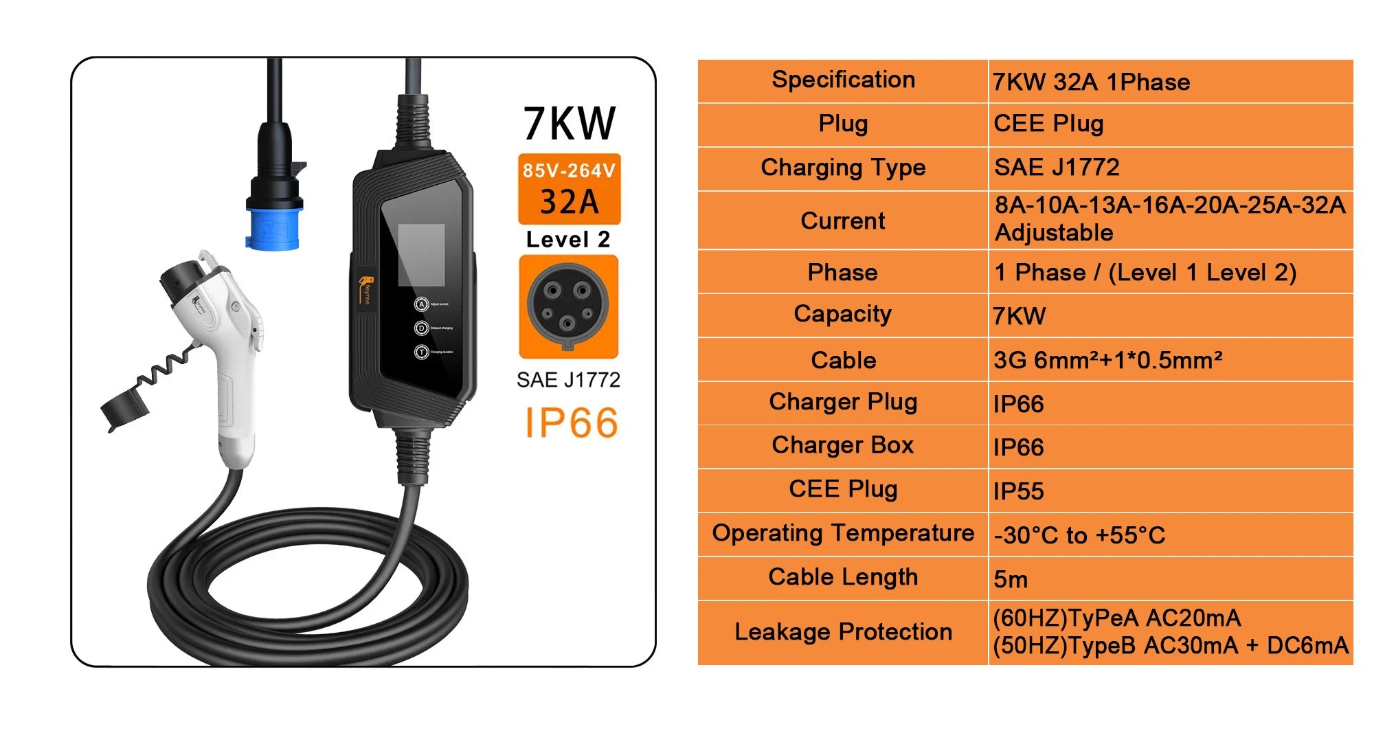7kW Portable EV Charger Level 2 J1772 Electric Vehicle Charging Cable 32A - 7