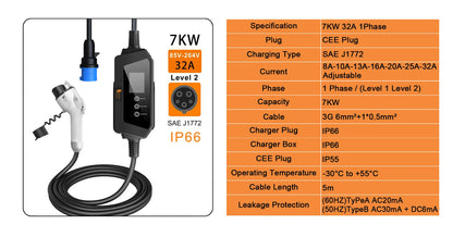 7kW Portable EV Charger Level 2 J1772 Electric Vehicle Charging Cable 32A