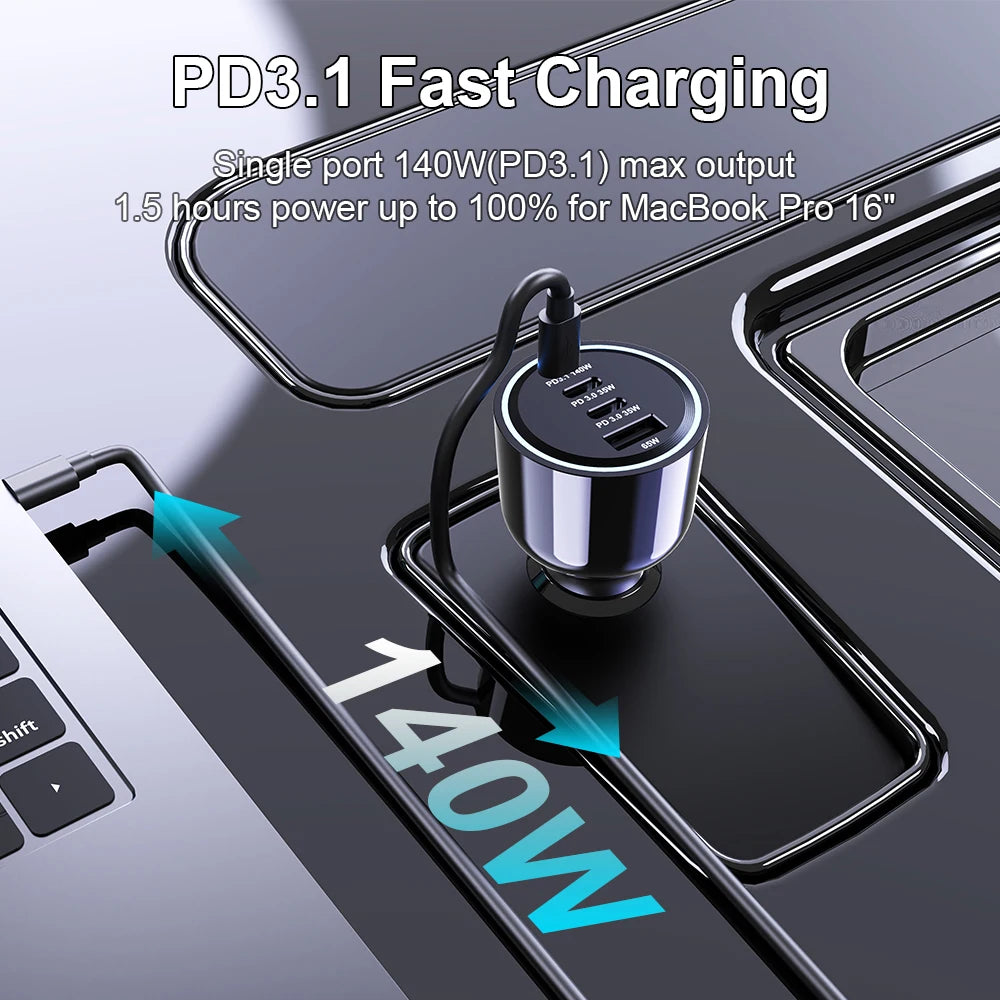 240W 4-Port USB-C Car Charger - PD 3.1 Super Fast Charging Adapter