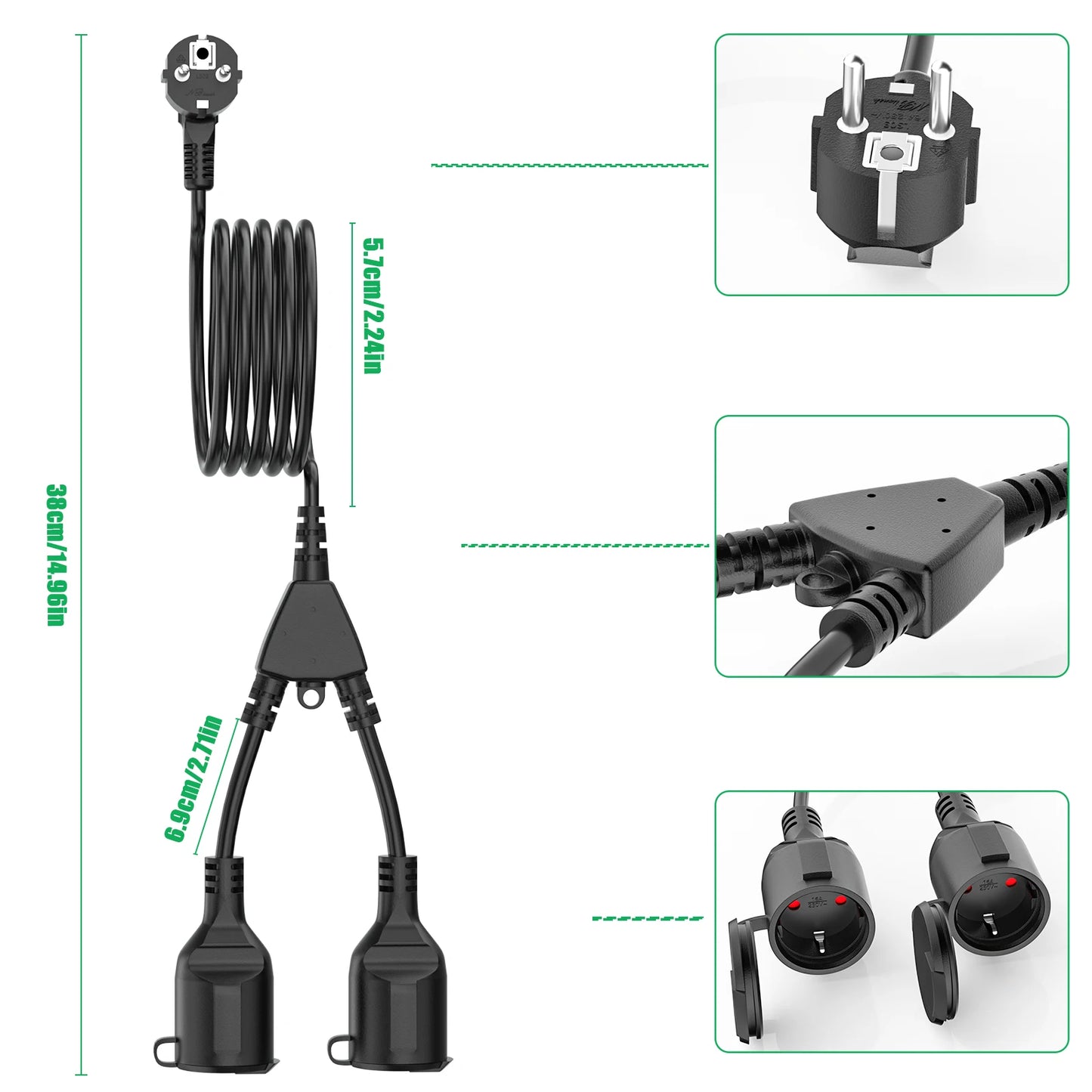 Waterproof European Standard Extension Cord - 2-Way Power Socket Splitter