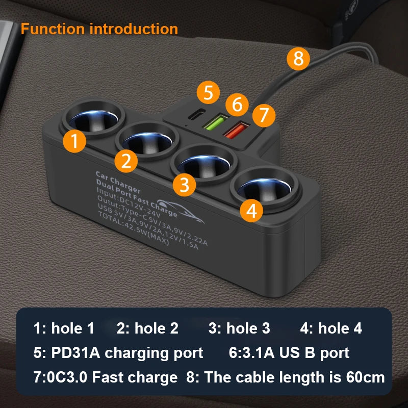 120W Super Fast Car Charger with 4-Port USB C Multi-Device Adapter
