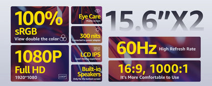 15.6" Dual Portable Laptop Monitor - 1080P FHD Stacked Screen Extender