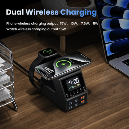 240W GaN Charging Station - 6-Port Fast Charger with Dual Wireless & Clock