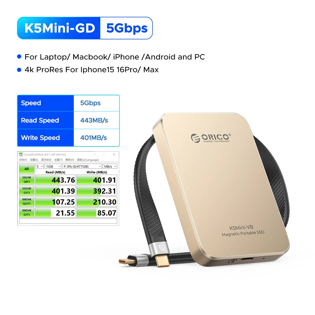 ORICO K5MINI Portable SSD 480GB - High-Speed External Drive for iPhone - 16